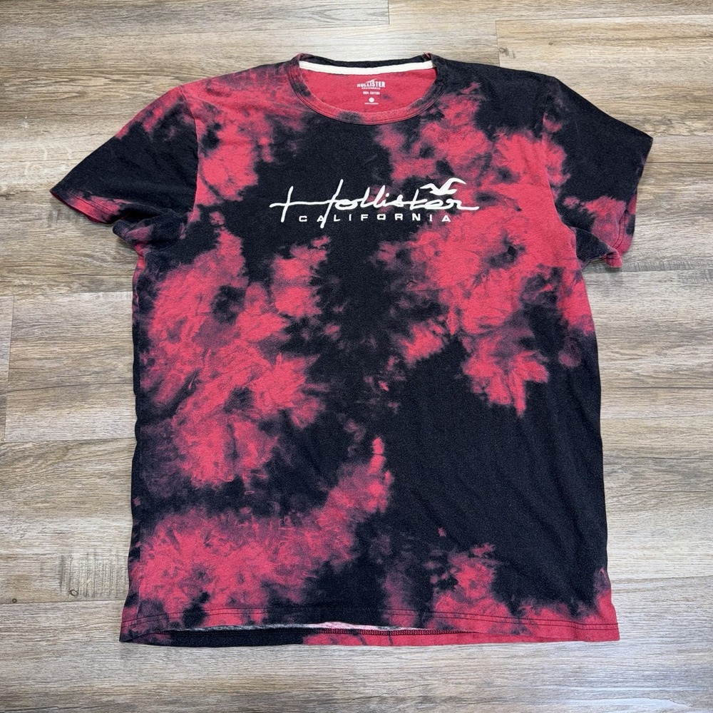 Hollister California Red Black Tie-Dye Graphic Shirt Mens XL Bold Logo On Chest